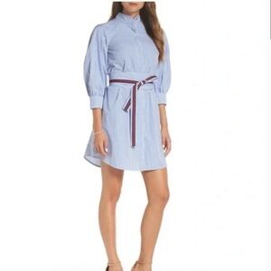 Nordstrom 1901 Striped Blue & White Cotton Shirtdress Belt Cotton Obi Sash Sz 6